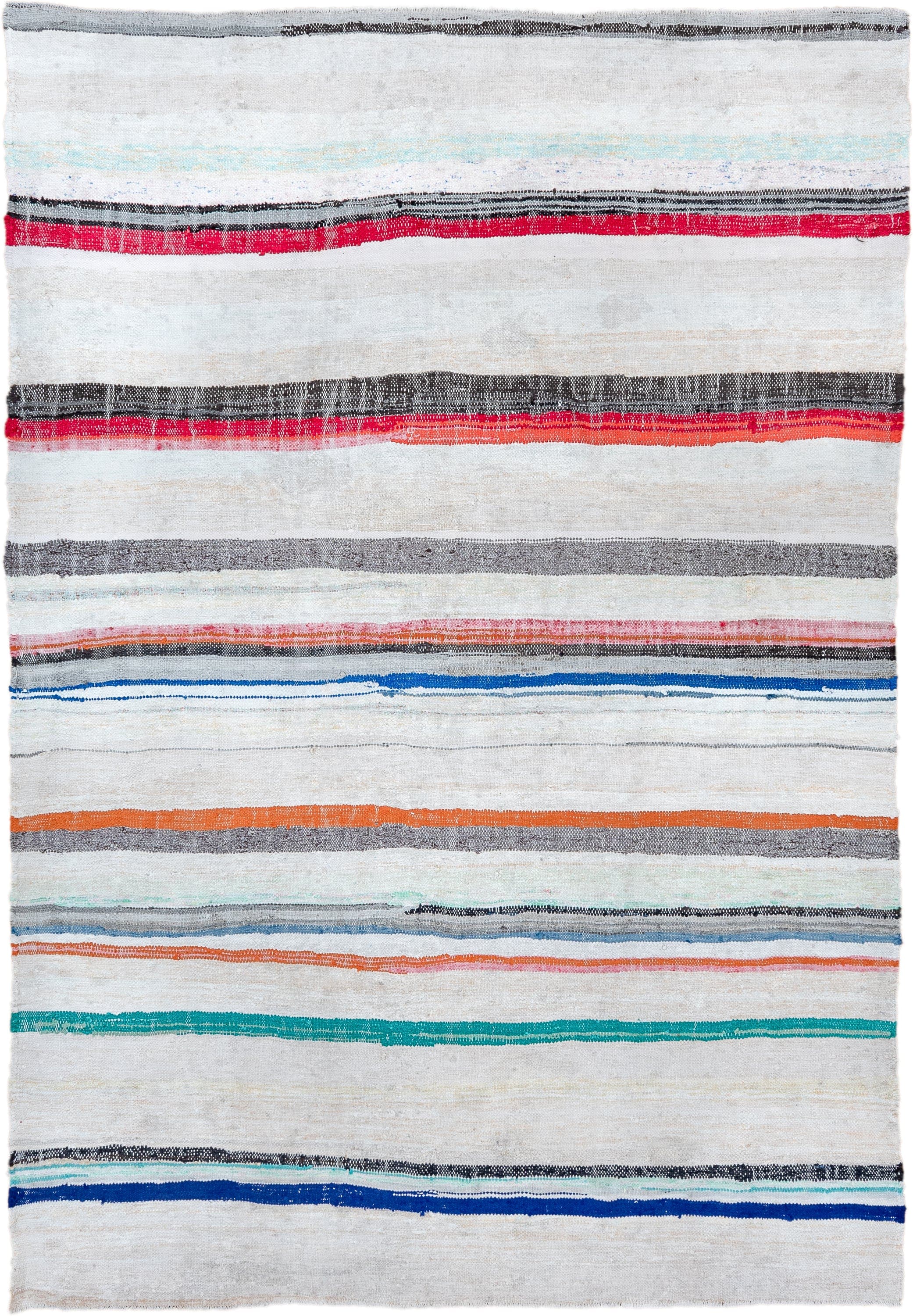 6' x 8' one-of-a-kind handmade vintage Rag Rug medium size rug. Color palette: ivory, charcoal, crimson, orange, cobalt