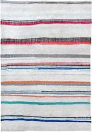 6' x 8' one-of-a-kind handmade vintage Rag Rug medium size rug. Color palette: ivory, charcoal, crimson, orange, cobalt