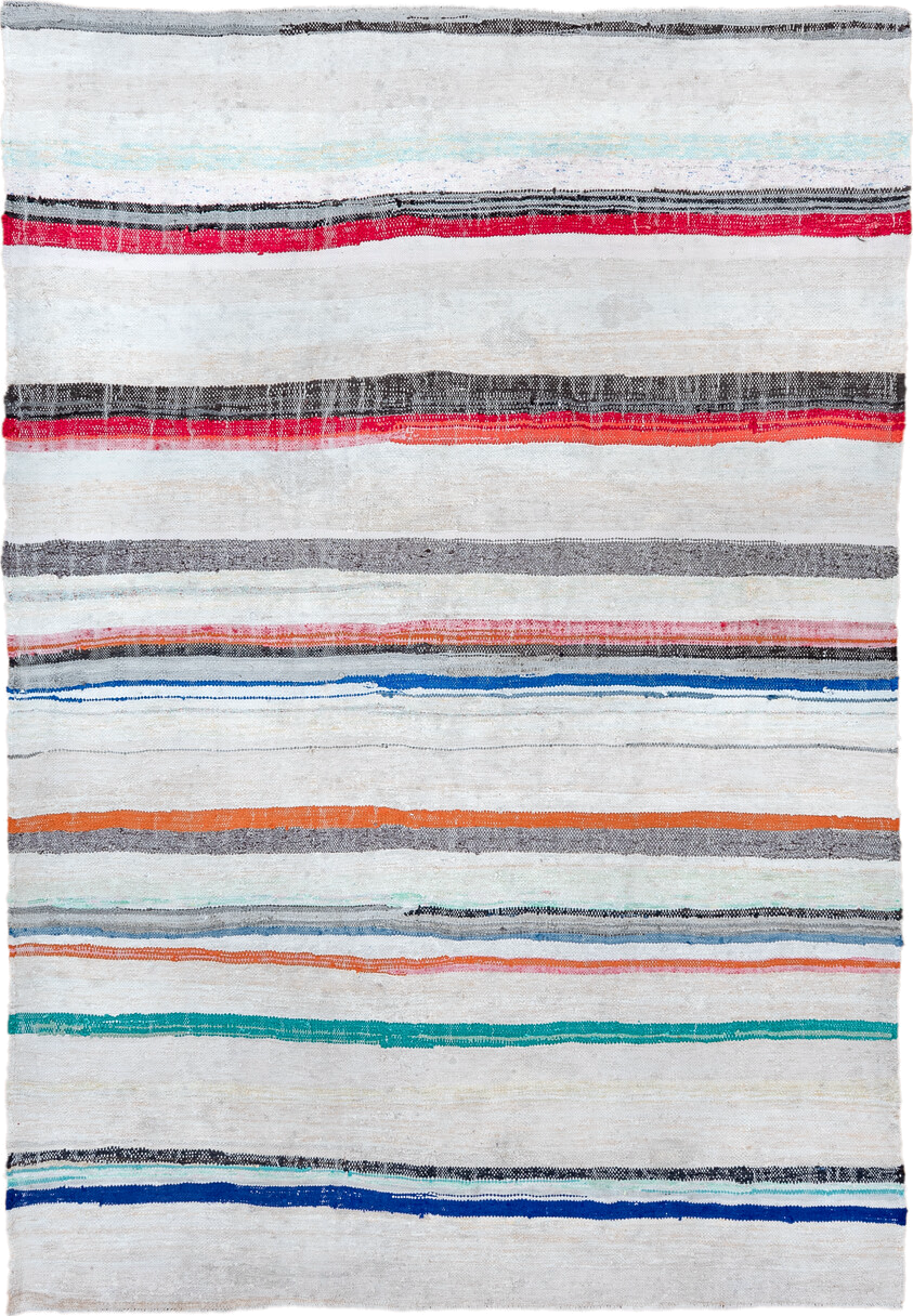 6' x 8' one-of-a-kind handmade vintage Rag Rug medium size rug. Color palette: ivory, charcoal, crimson, orange, cobalt