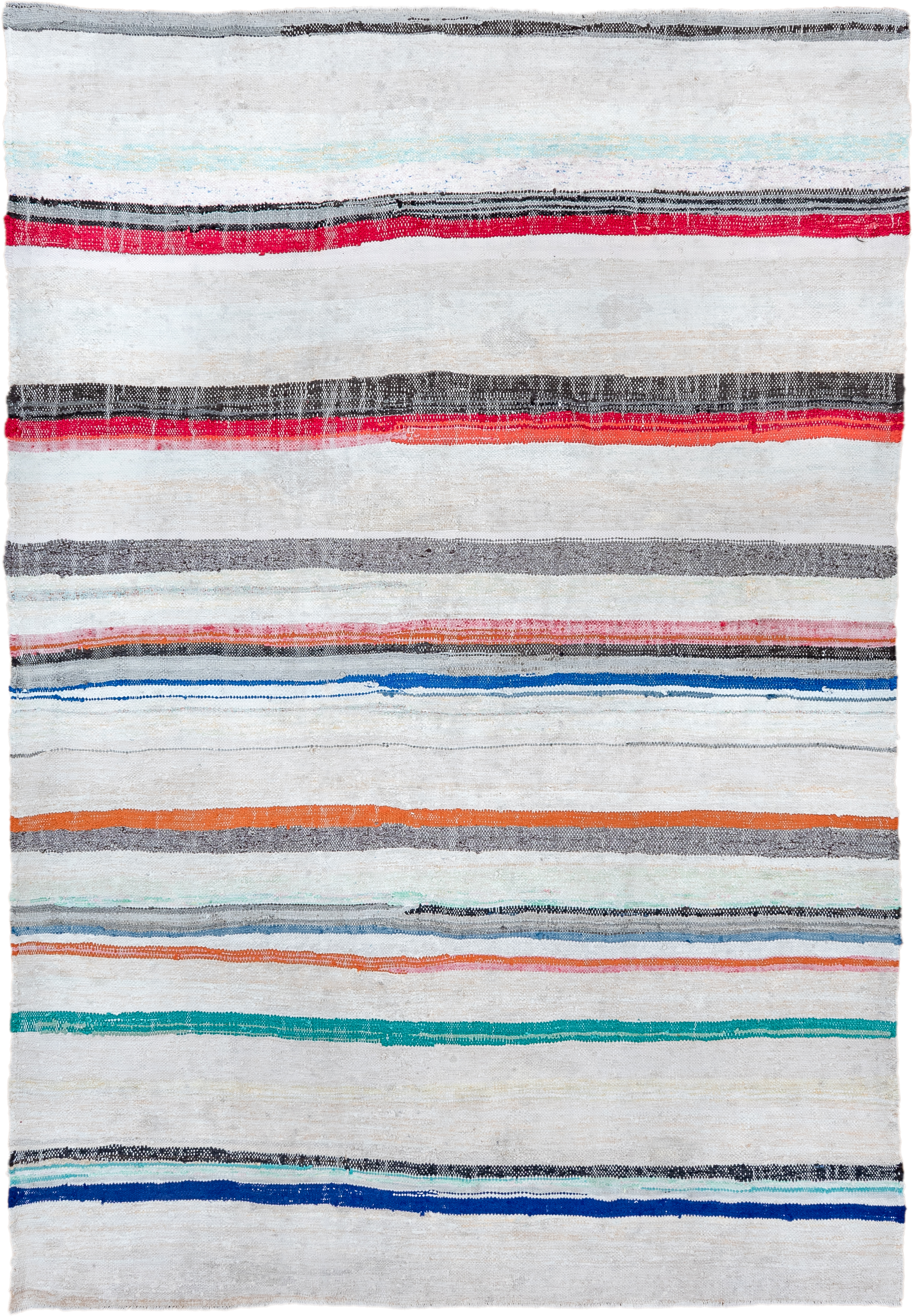 6' x 8' one-of-a-kind handmade vintage Rag Rug medium size rug. Color palette: ivory, charcoal, crimson, orange, cobalt