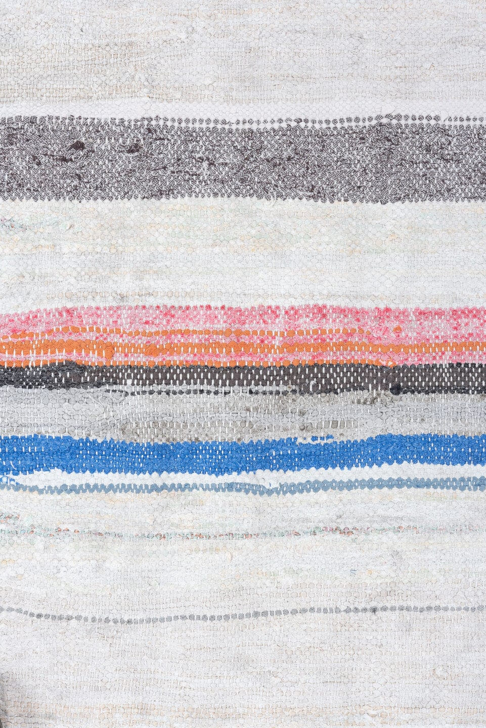 6' x 8' one-of-a-kind handmade vintage Rag Rug medium size rug. Color palette: ivory, charcoal, crimson, orange, cobalt