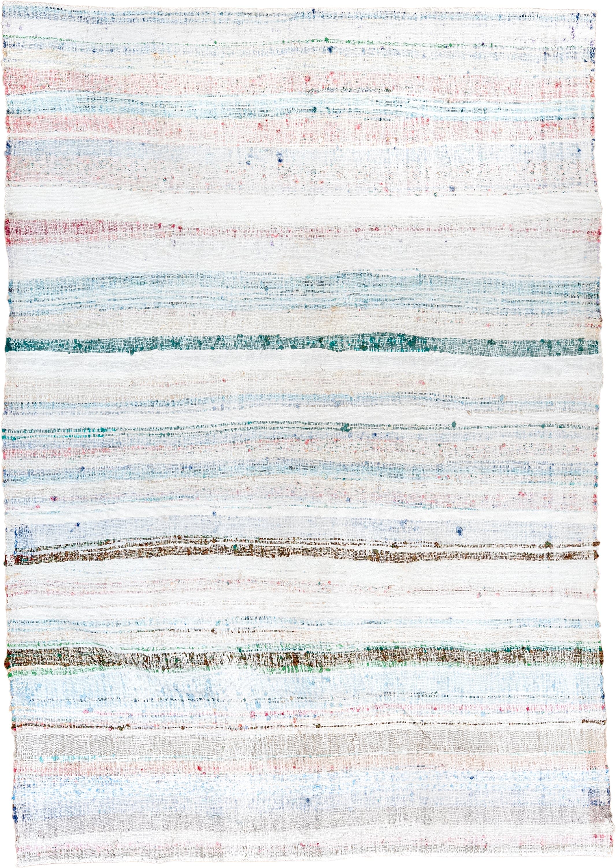 8' x 10' one-of-a-kind handmade vintage Rag Rug large size rug. Color palette: ivory, sky blue, teal, rose, brown, aqua