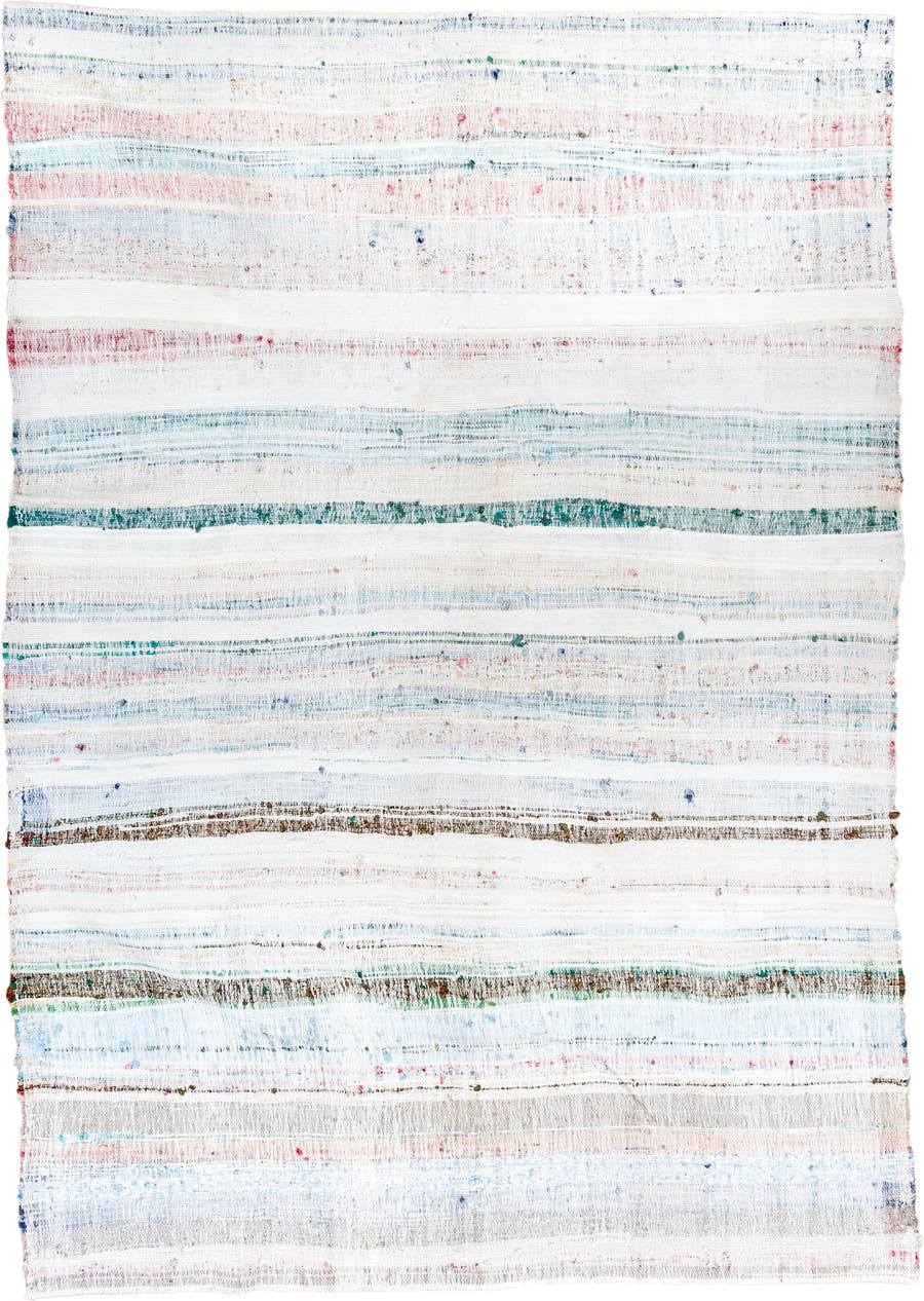8' x 10' one-of-a-kind handmade vintage Rag Rug large size rug. Color palette: ivory, sky blue, teal, rose, brown, aqua