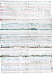 8' x 10' one-of-a-kind handmade vintage Rag Rug large size rug. Color palette: ivory, sky blue, teal, rose, brown, aqua