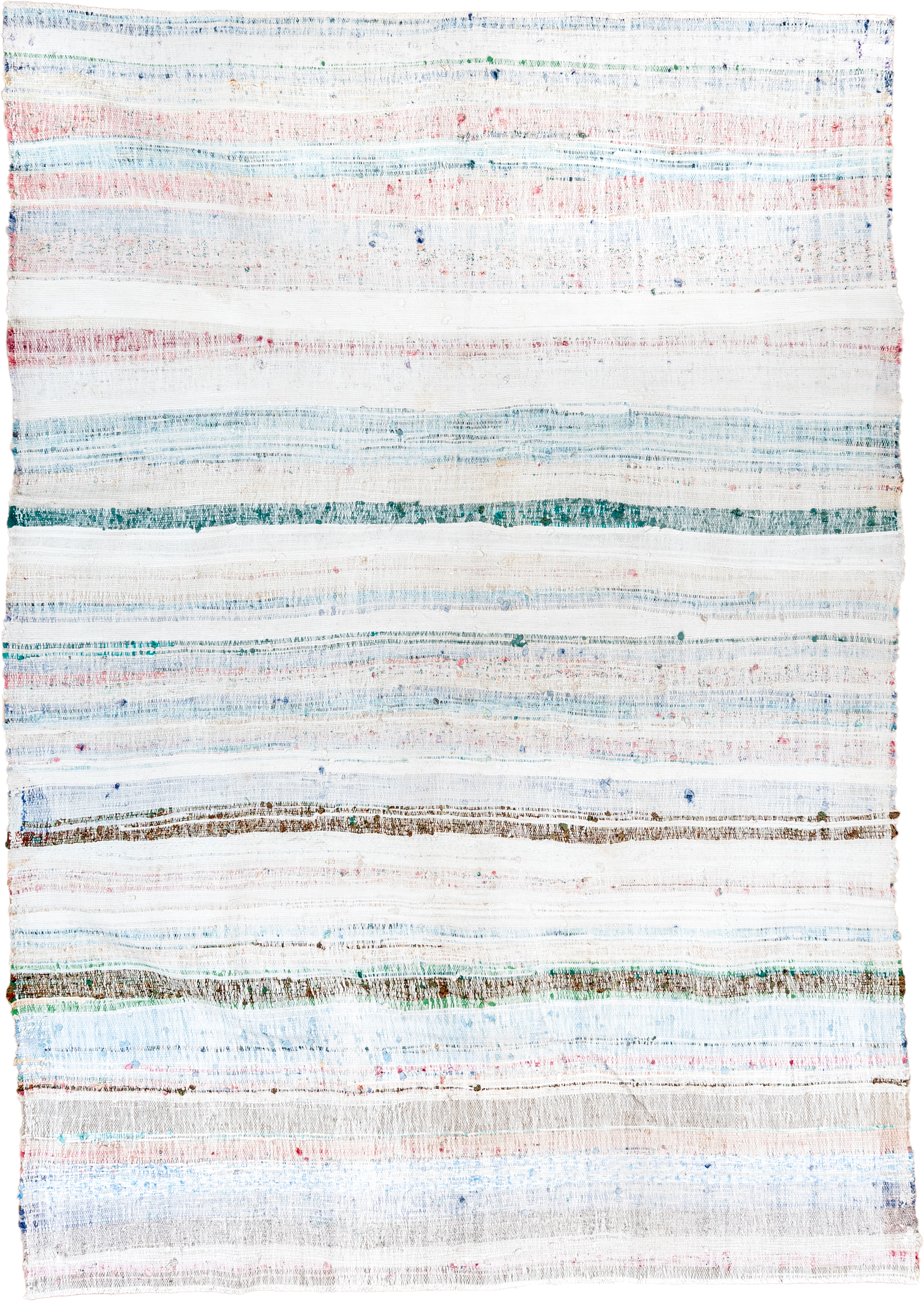 8' x 10' one-of-a-kind handmade vintage Rag Rug large size rug. Color palette: ivory, sky blue, teal, rose, brown, aqua