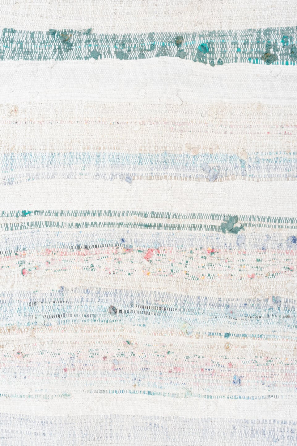 8' x 10' one-of-a-kind handmade vintage Rag Rug large size rug. Color palette: ivory, sky blue, teal, rose, brown, aqua