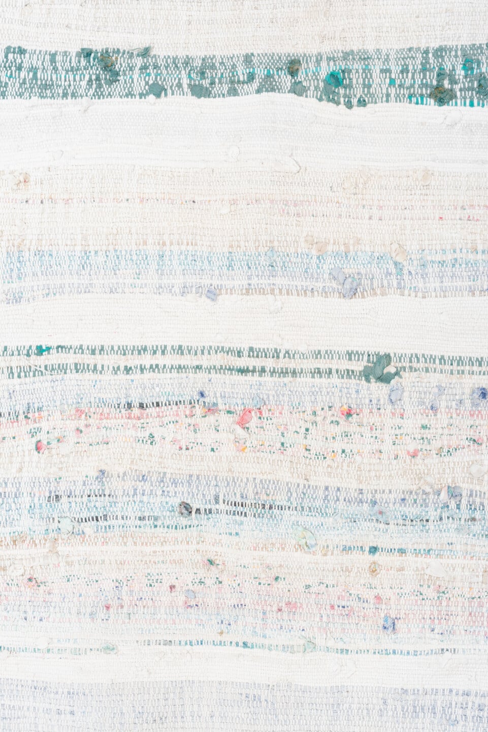 8' x 10' one-of-a-kind handmade vintage Rag Rug large size rug. Color palette: ivory, sky blue, teal, rose, brown, aqua
