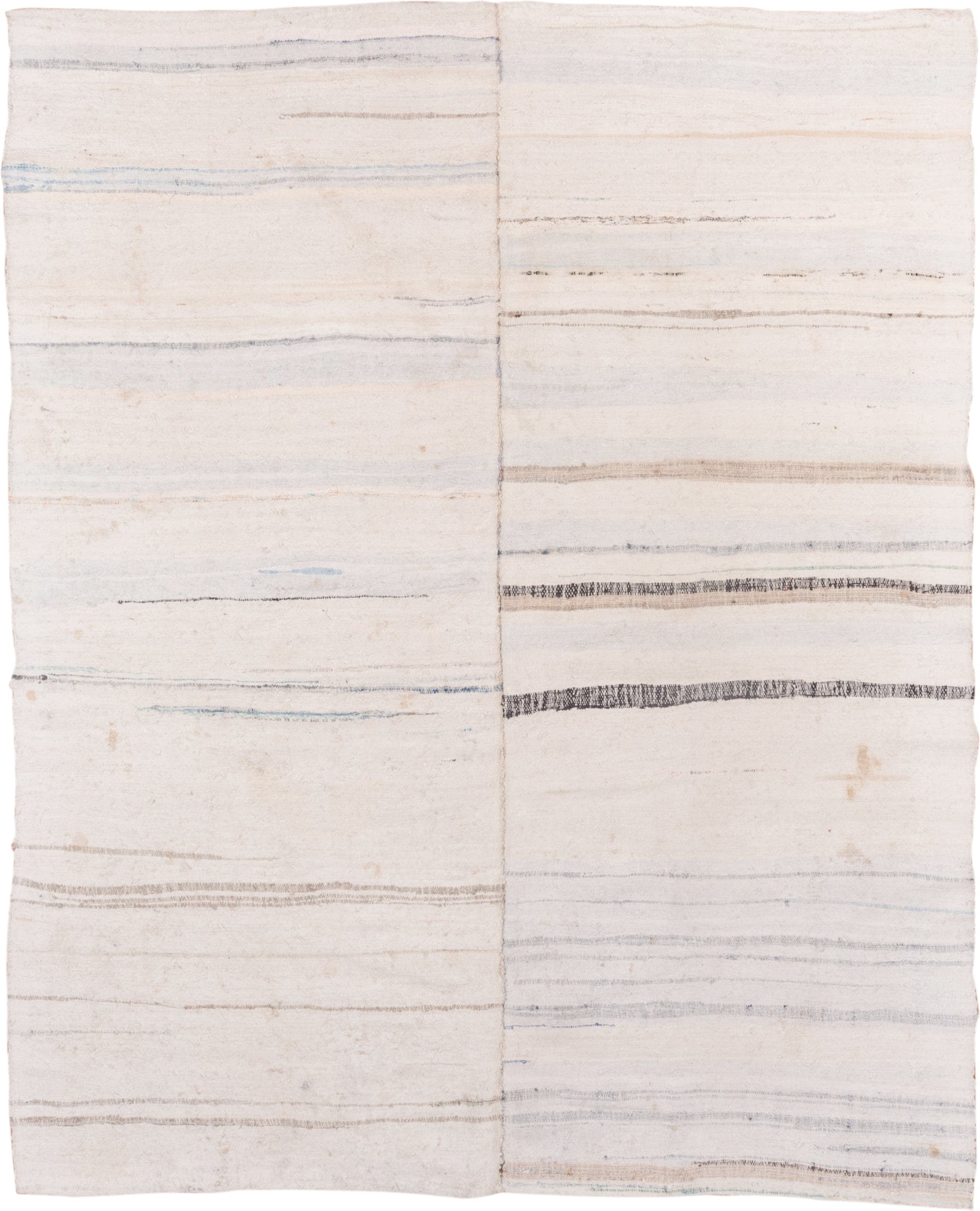 6' x 7' one-of-a-kind handmade antique Rag Rug rug. Color palette: ivory, cream, charcoal, slate, faded blue, taupe, gray
