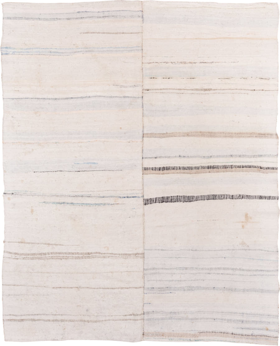 6' x 7' one-of-a-kind handmade antique Rag Rug rug. Color palette: ivory, cream, charcoal, slate, faded blue, taupe, gray
