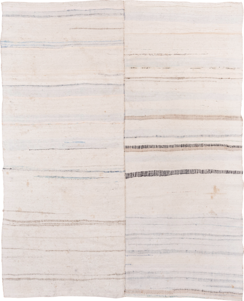 6' x 7' one-of-a-kind handmade antique Rag Rug rug. Color palette: ivory, cream, charcoal, slate, faded blue, taupe, gray