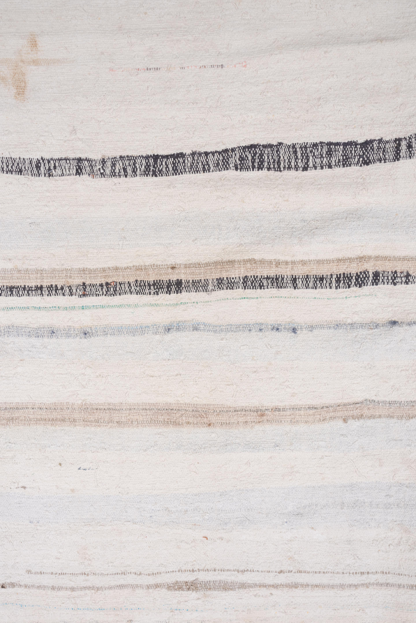 6' x 7' one-of-a-kind handmade antique Rag Rug rug. Color palette: ivory, cream, charcoal, slate, faded blue, taupe, gray