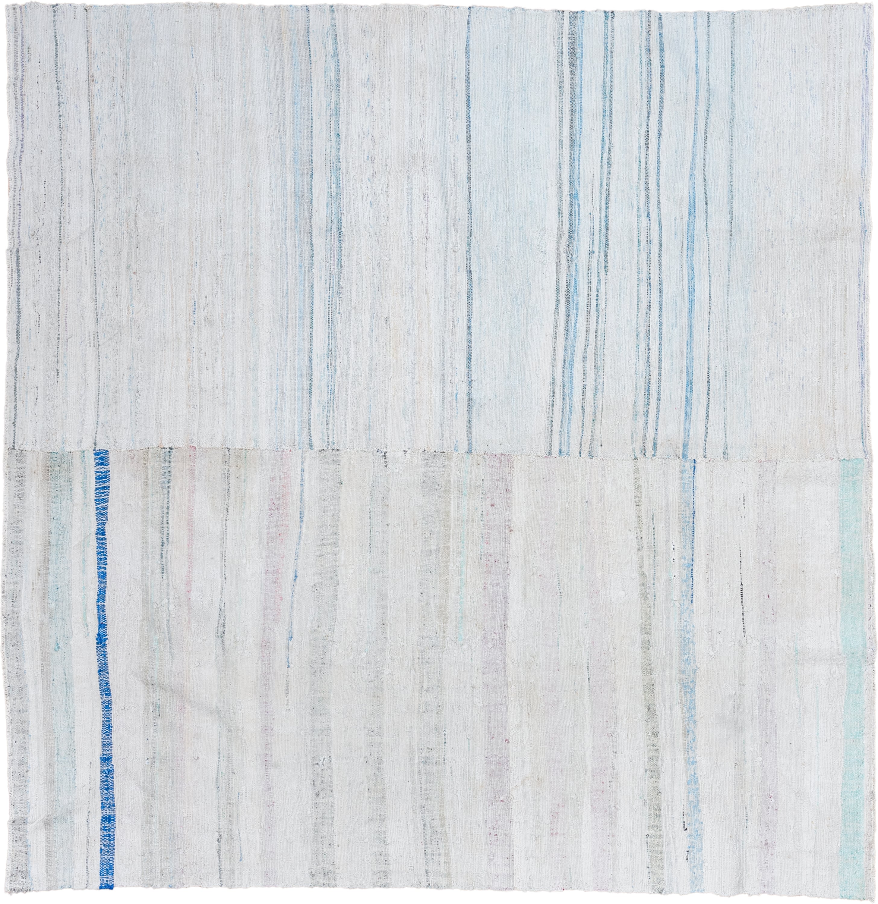 7' x 8' one-of-a-kind handmade vintage Rag Rug rug. Color palette: ivory, pale blue, aqua, light gray, blush, cobalt