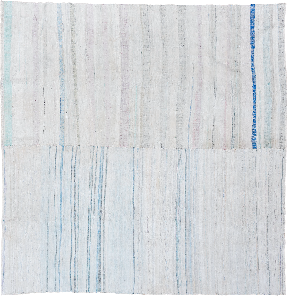 7' x 8' one-of-a-kind handmade vintage Rag Rug rug. Color palette: blue, dark gray, gainsboro, gray, light blue, light gray