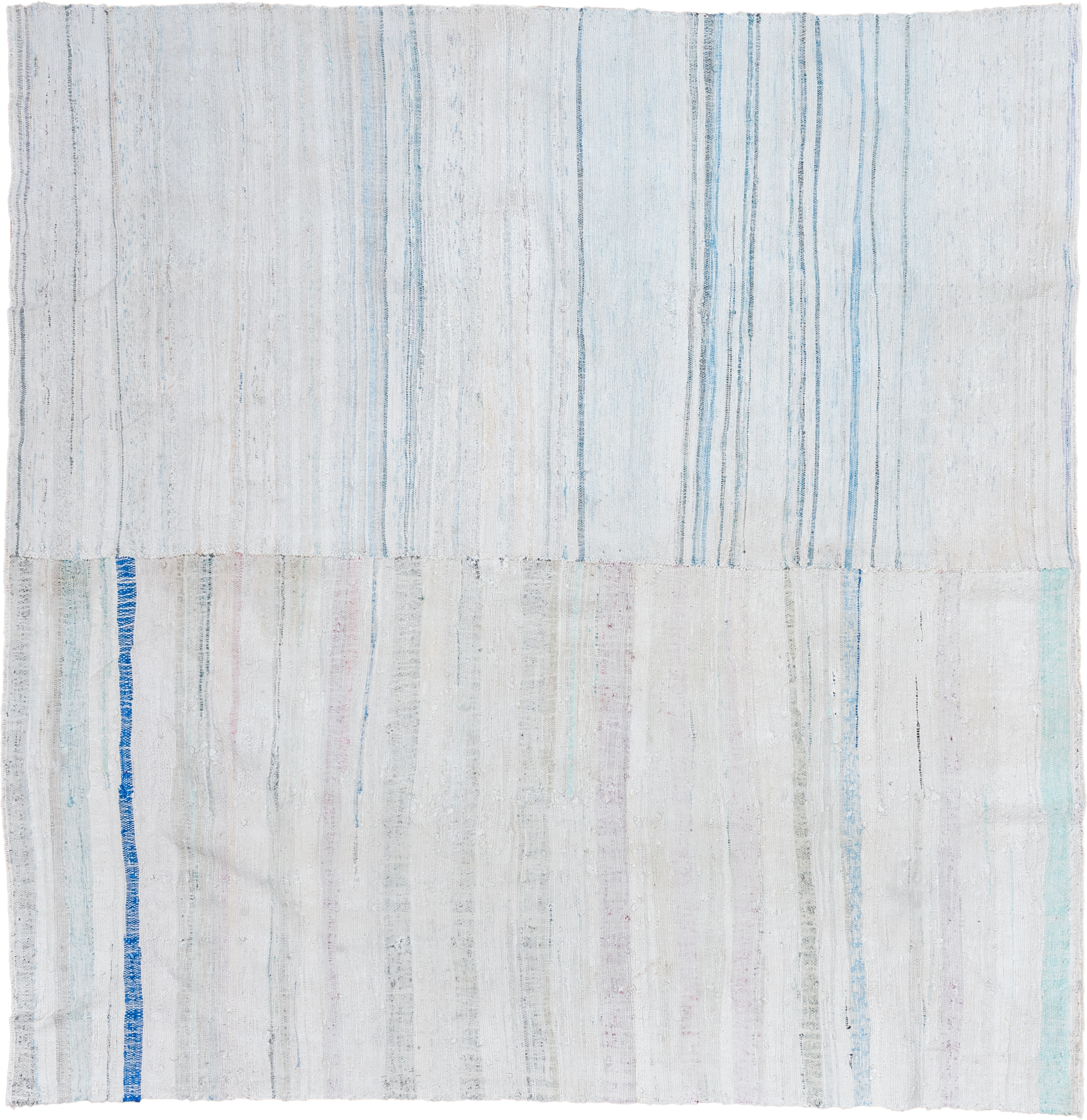 7' x 8' one-of-a-kind handmade vintage Rag Rug rug. Color palette: ivory, pale blue, aqua, light gray, blush, cobalt