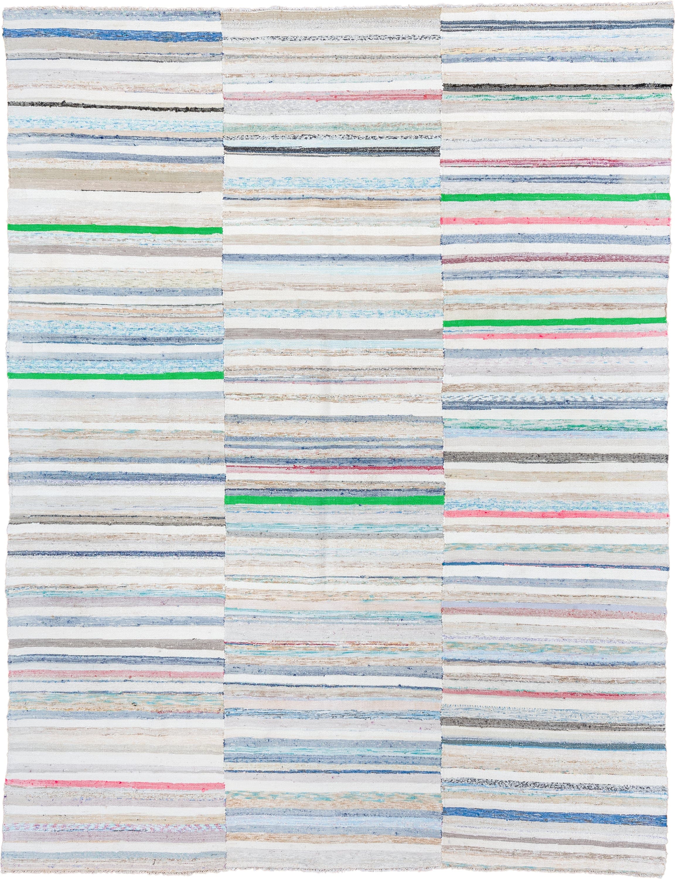 7' x 10' one-of-a-kind handmade vintage Rag Rug large size rug. Color palette: ivory, pale blue, beige, charcoal, pink