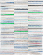 7' x 10' one-of-a-kind handmade vintage Rag Rug large size rug. Color palette: ivory, pale blue, beige, charcoal, pink