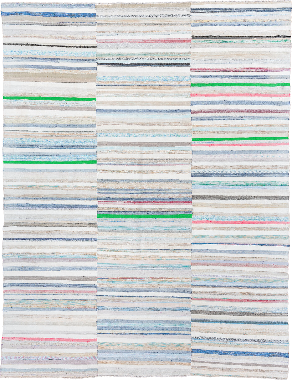 7' x 10' one-of-a-kind handmade vintage Rag Rug large size rug. Color palette: black, blue, gray, light blue, light gray