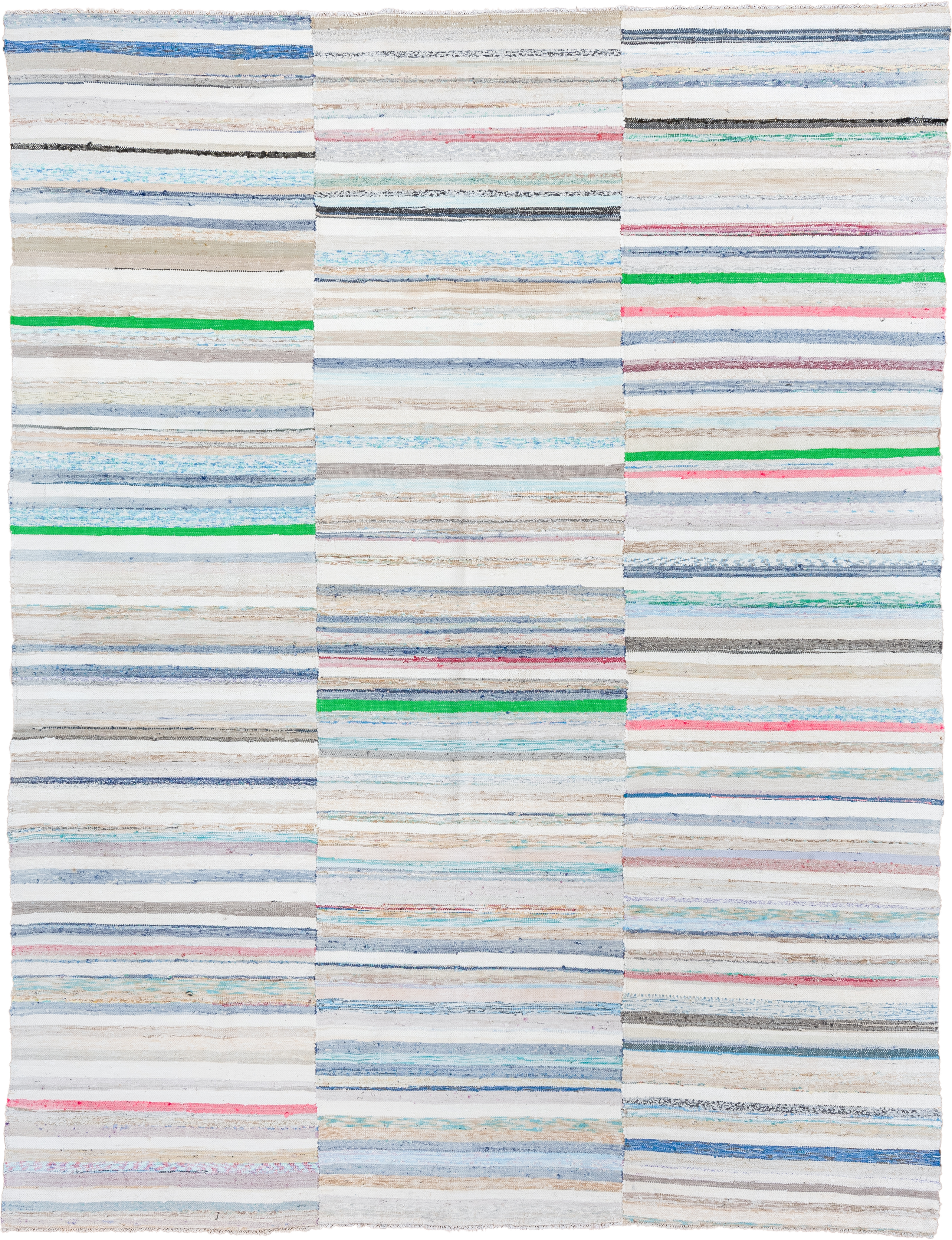 7' x 10' one-of-a-kind handmade vintage Rag Rug large size rug. Color palette: ivory, pale blue, beige, charcoal, pink