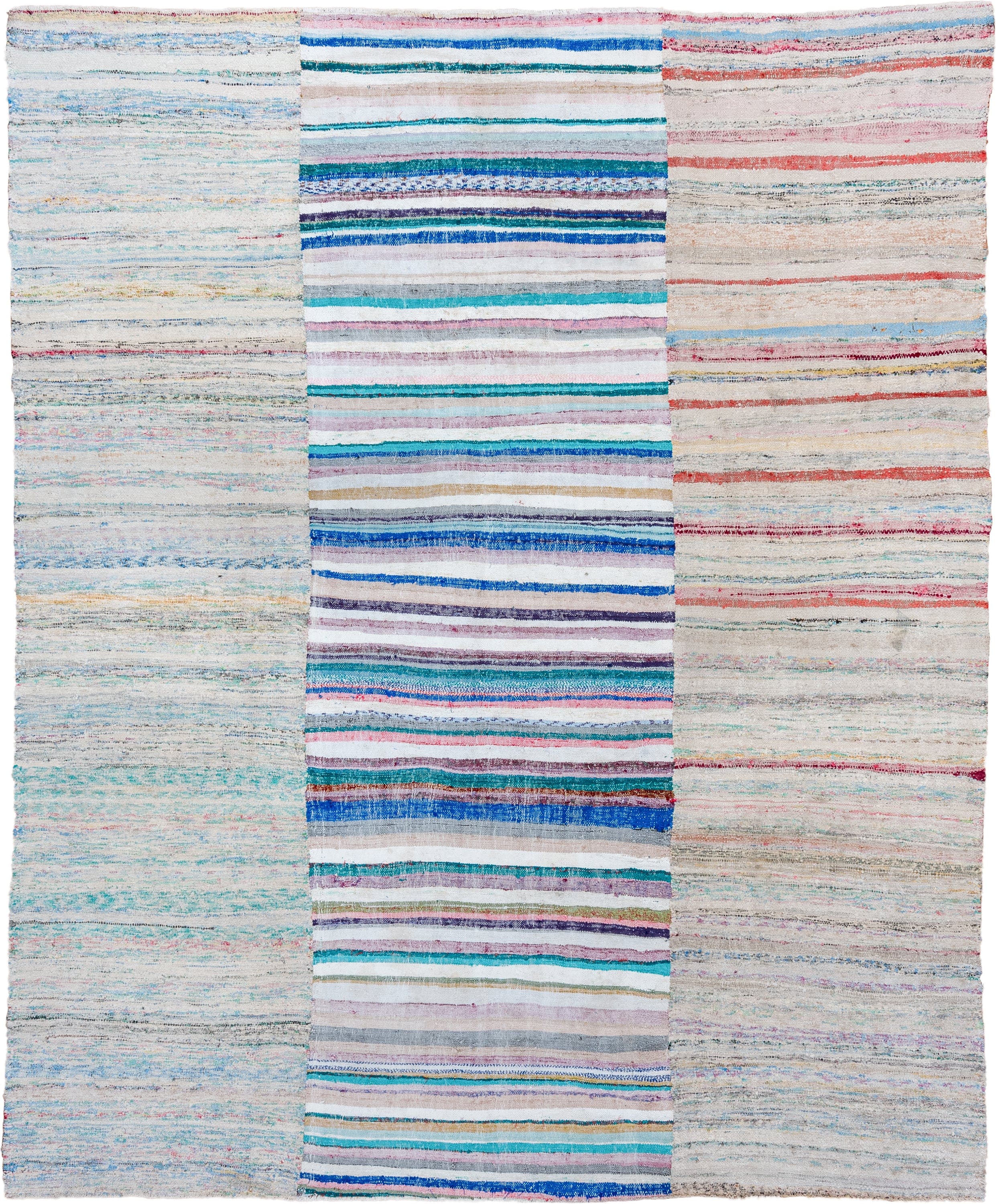 8' x 10' one-of-a-kind handmade vintage Rag Rug large size rug. Color palette: ivory, sky blue, turquoise, cobalt, coral