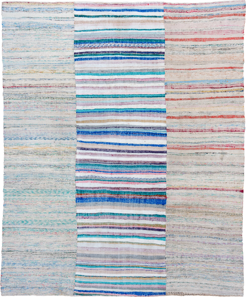 8' x 10' one-of-a-kind handmade vintage Rag Rug large size rug. Color palette: blue, brown, dark gray, dim gray, fiord