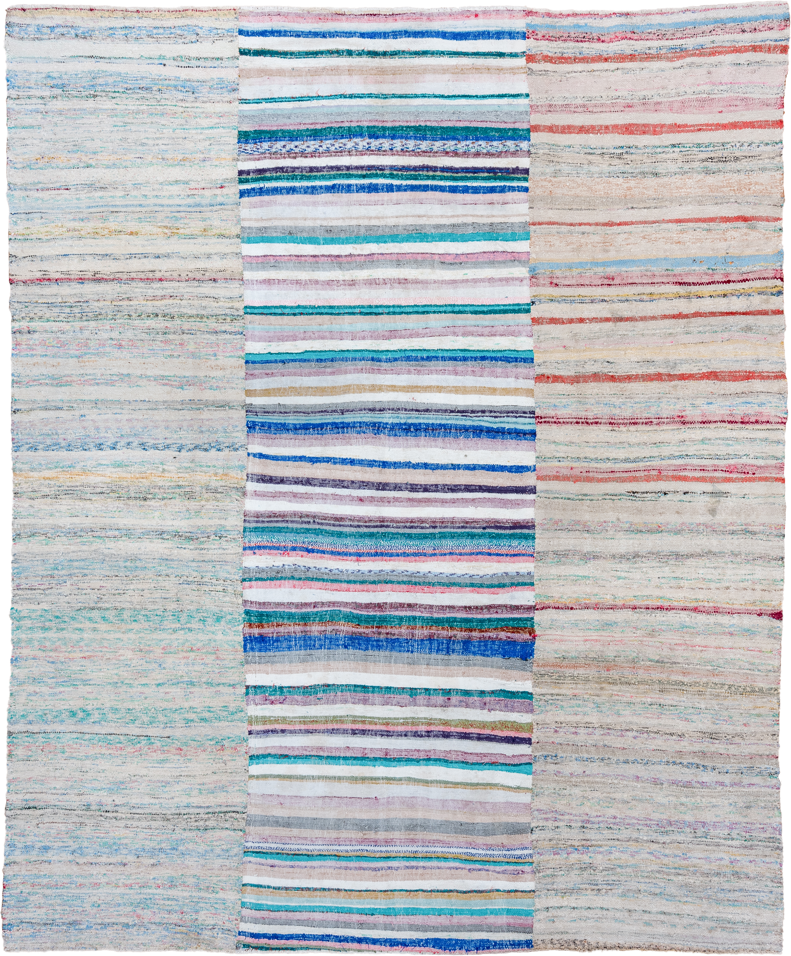 8' x 10' one-of-a-kind handmade vintage Rag Rug large size rug. Color palette: ivory, sky blue, turquoise, cobalt, coral