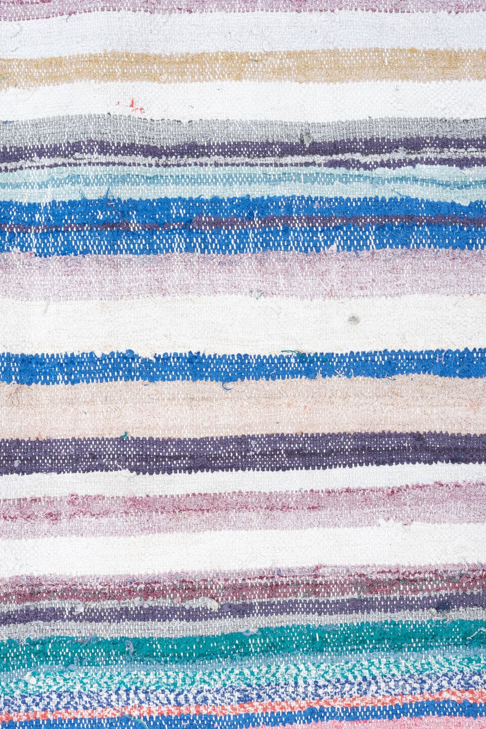 8' x 10' one-of-a-kind handmade vintage Rag Rug large size rug. Color palette: ivory, sky blue, turquoise, cobalt, coral