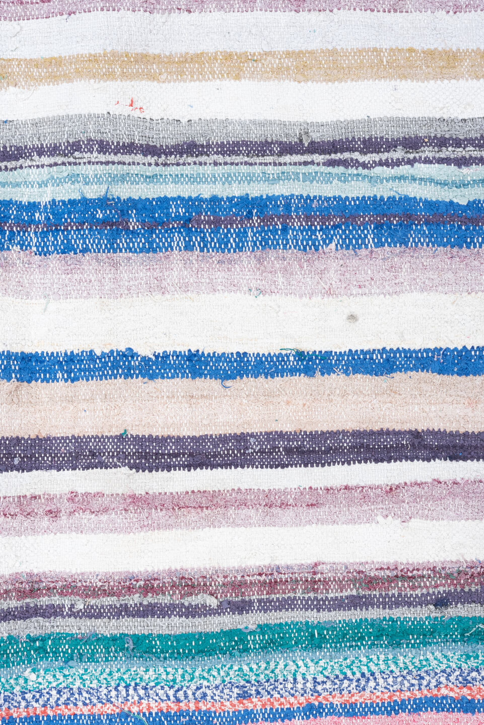 8' x 10' one-of-a-kind handmade vintage Rag Rug large size rug. Color palette: ivory, sky blue, turquoise, cobalt, coral