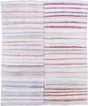 7' x 8' one-of-a-kind handmade antique Rag Rug rug. Color palette: ivory, rose, pale blue, peach, gray, tan, pink, red