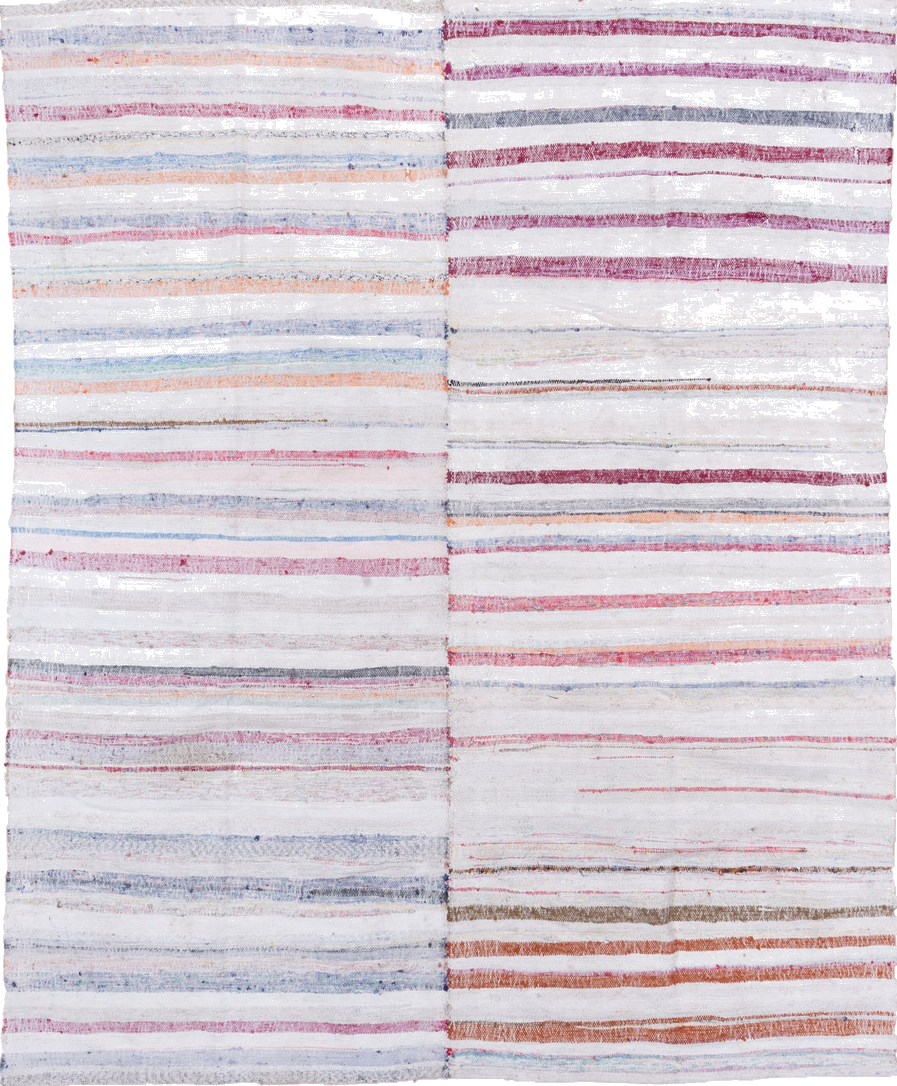 7' x 8' one-of-a-kind handmade vintage Rag Rug rug. Color palette: blue, gray, light blue, light gray, off-white, pink