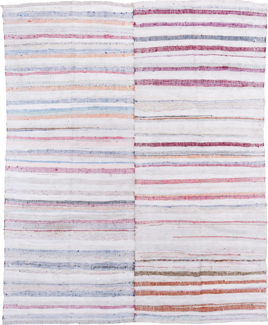 7' x 8' one-of-a-kind handmade antique Rag Rug rug. Color palette: ivory, rose, pale blue, peach, gray, tan, pink, red