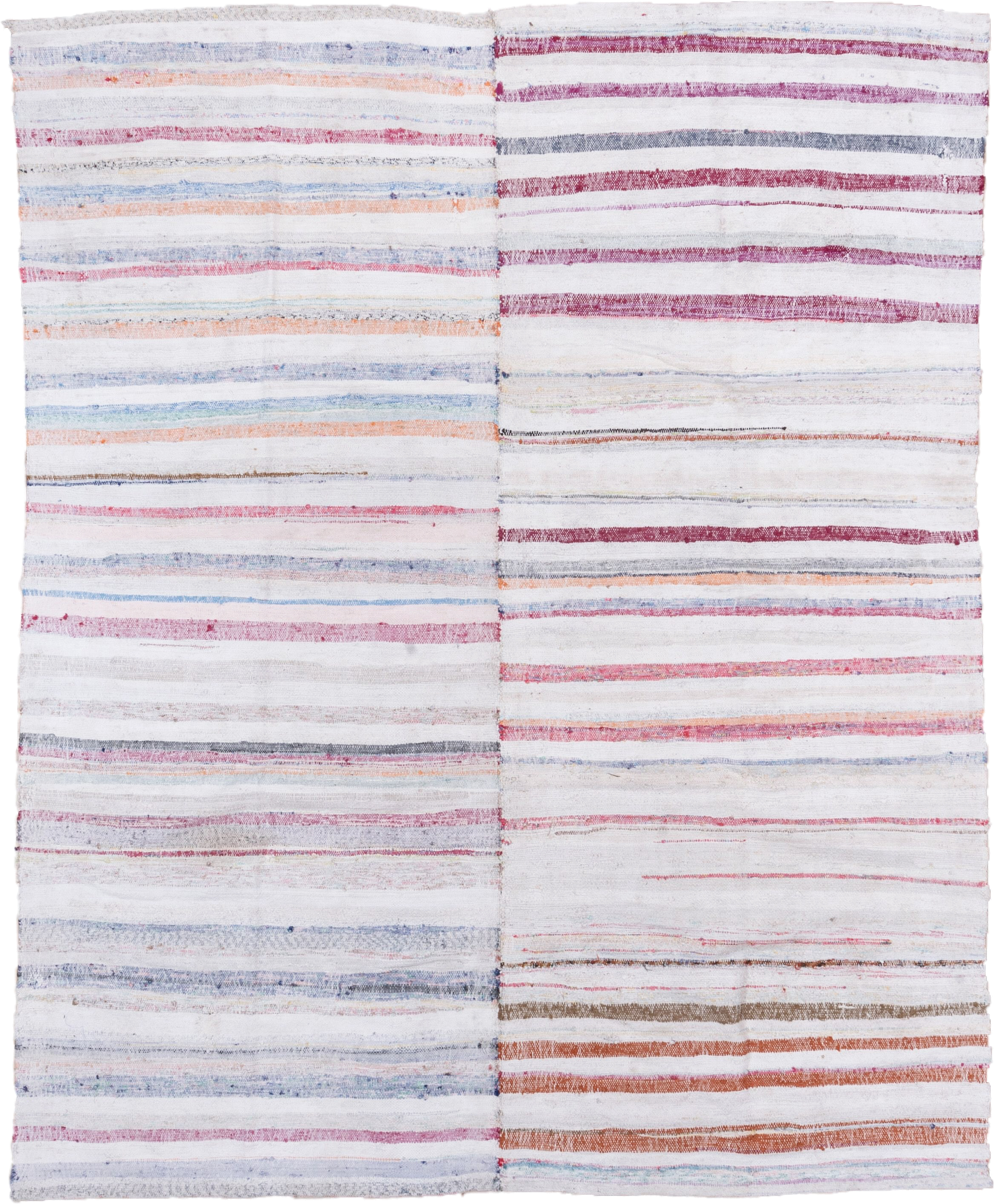 7' x 8' one-of-a-kind handmade antique Rag Rug rug. Color palette: ivory, rose, pale blue, peach, gray, tan, pink, red