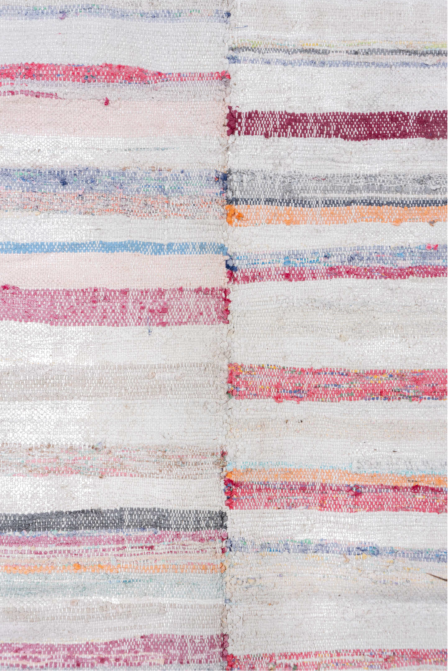 7' x 8' one-of-a-kind handmade vintage Rag Rug rug. Color palette: blue, gray, light blue, light gray, off-white, pink