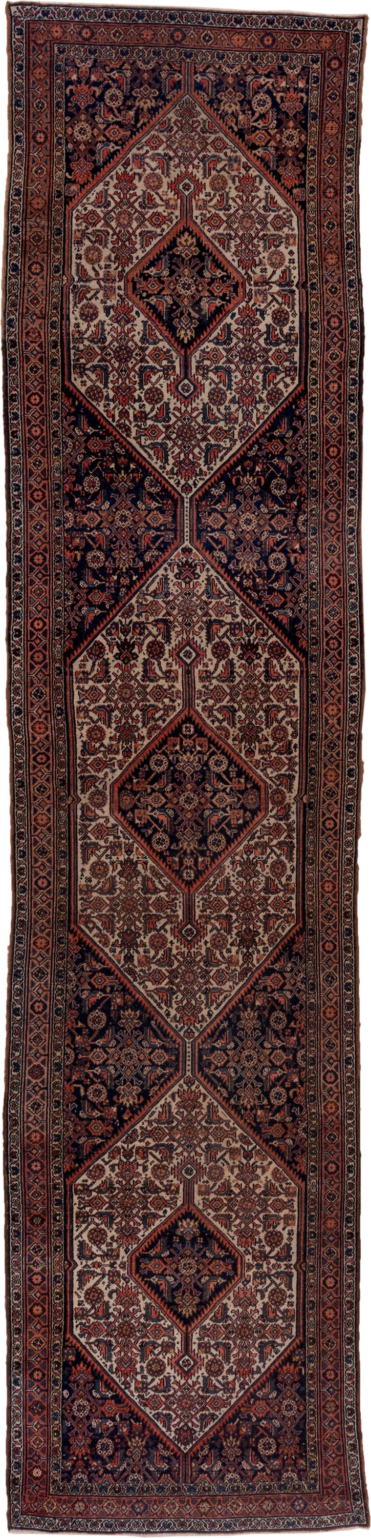 3' x 14' one-of-a-kind handmade antique Bibikabad runner rug. Color palette: ivory, navy, rust, terracotta, camel, burgundy