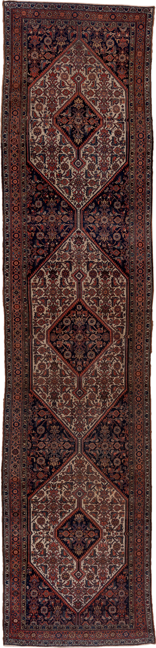 3' x 14' one-of-a-kind handmade antique Bibikabad runner rug. Color palette: ivory, navy, rust, terracotta, camel, burgundy
