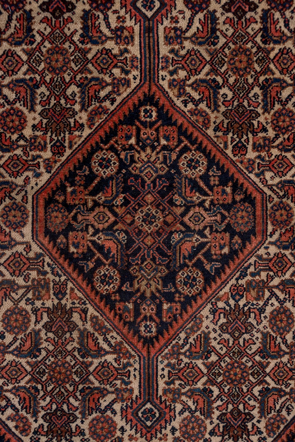 3' x 14' one-of-a-kind handmade antique Bibikabad runner rug. Color palette: ivory, navy, rust, terracotta, camel, burgundy
