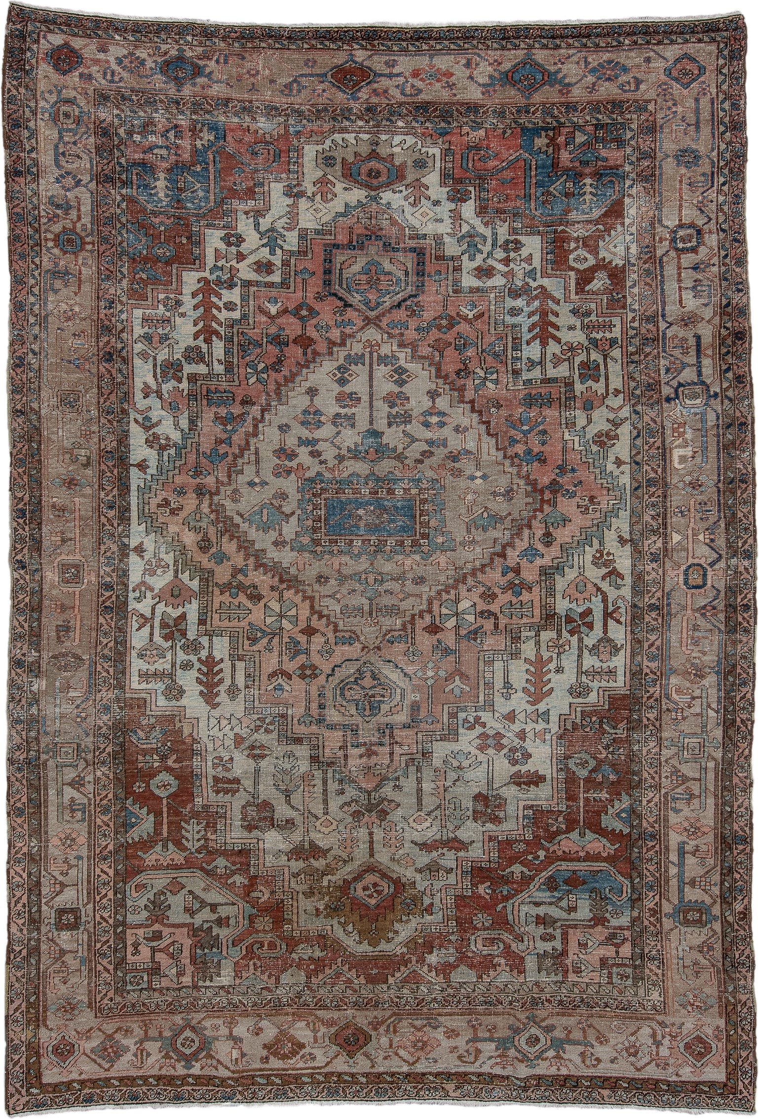 8' x 12' one-of-a-kind handmade antique Serapi large size rug. Color palette: ivory, rust, sky blue, taupe, brown, slate