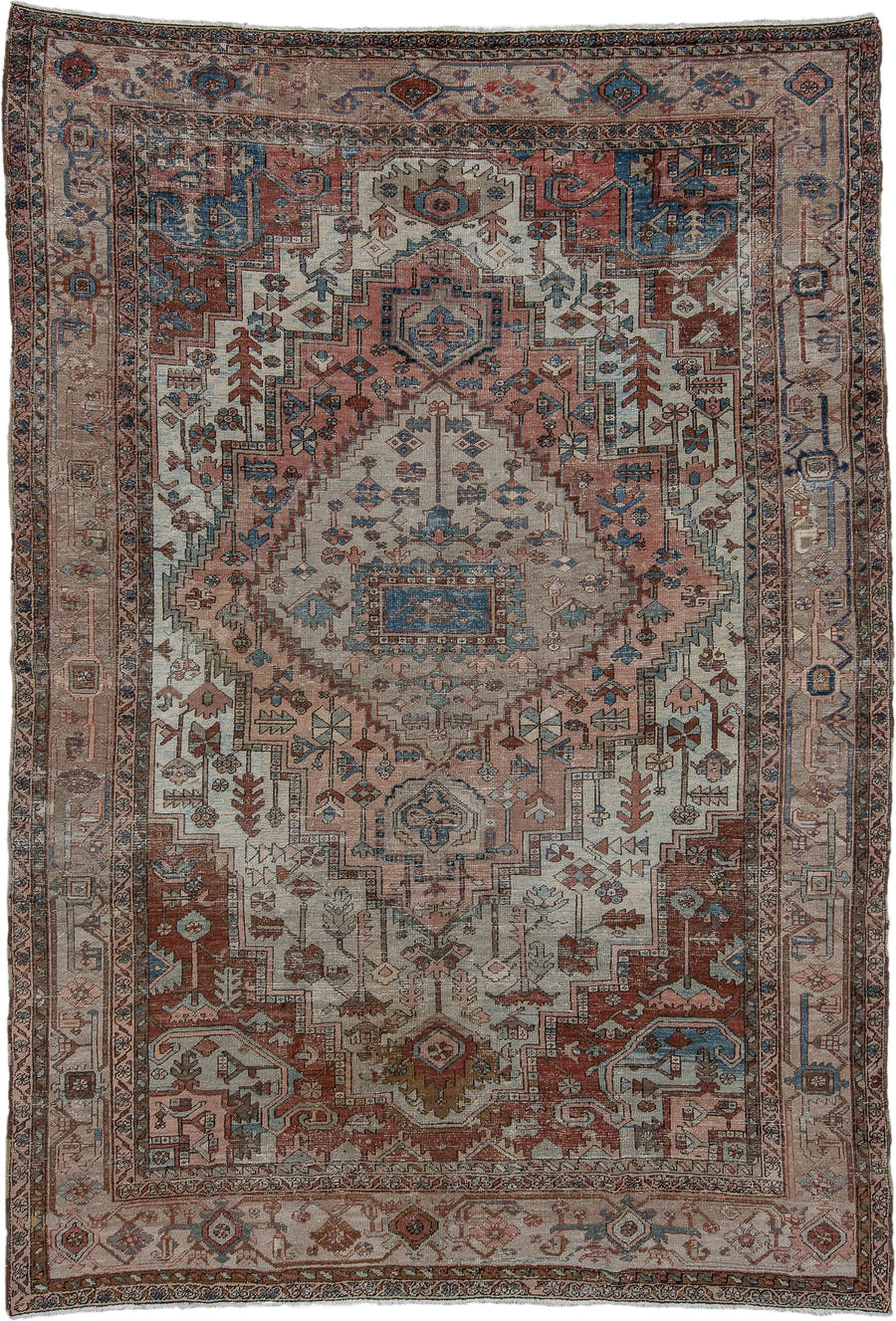 8' x 12' one-of-a-kind handmade antique Serapi large size rug. Color palette: ivory, rust, sky blue, taupe, brown, slate