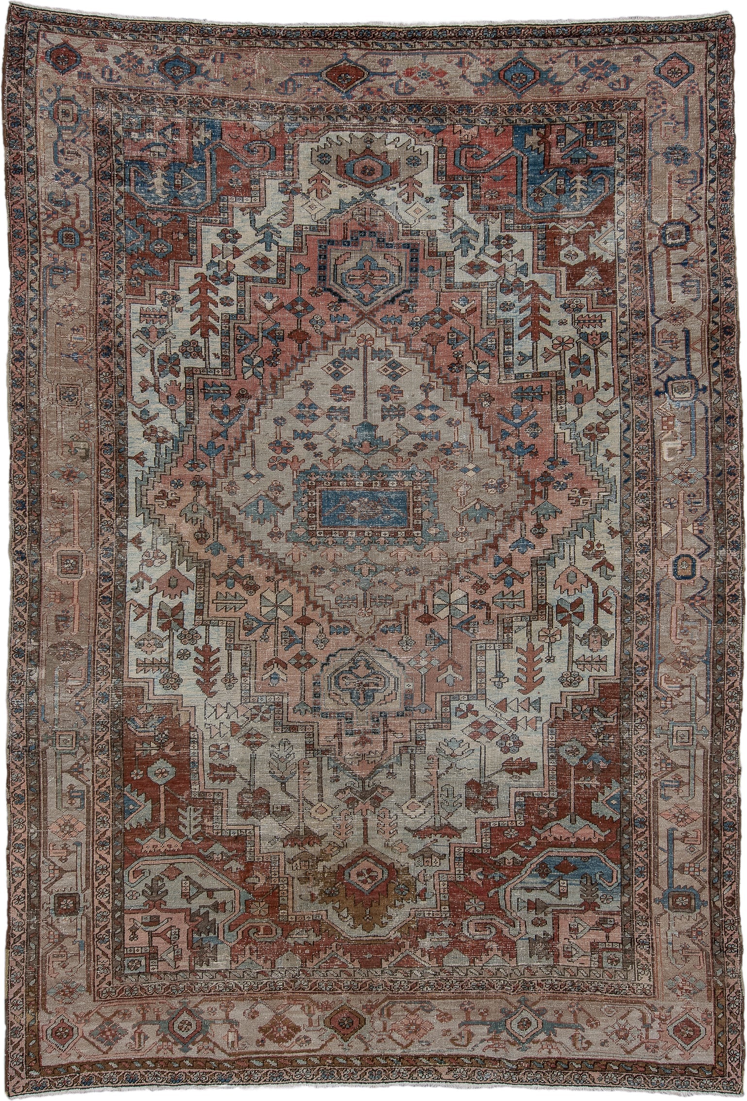 8' x 12' one-of-a-kind handmade antique Serapi large size rug. Color palette: ivory, rust, sky blue, taupe, brown, slate