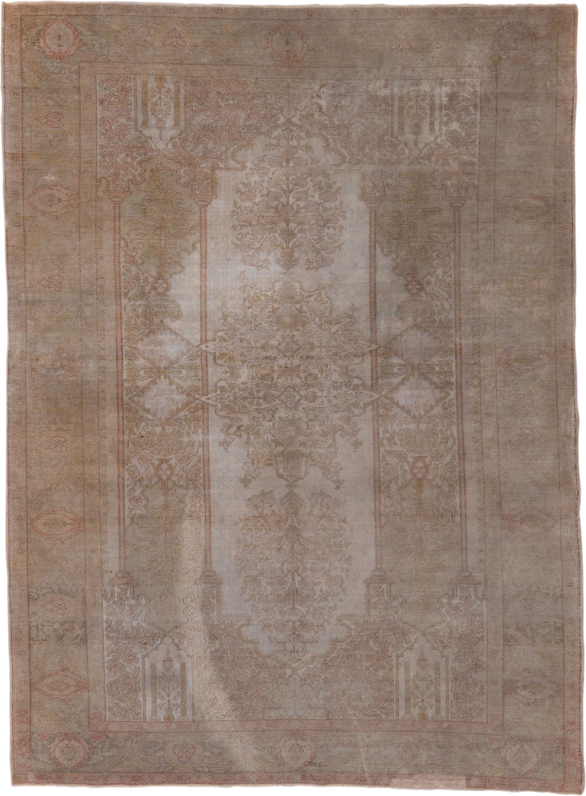 4' x 6' one-of-a-kind handmade antique Kaisary small size rug. Color palette: taupe, beige, camel, rose, ivory, sage, gray