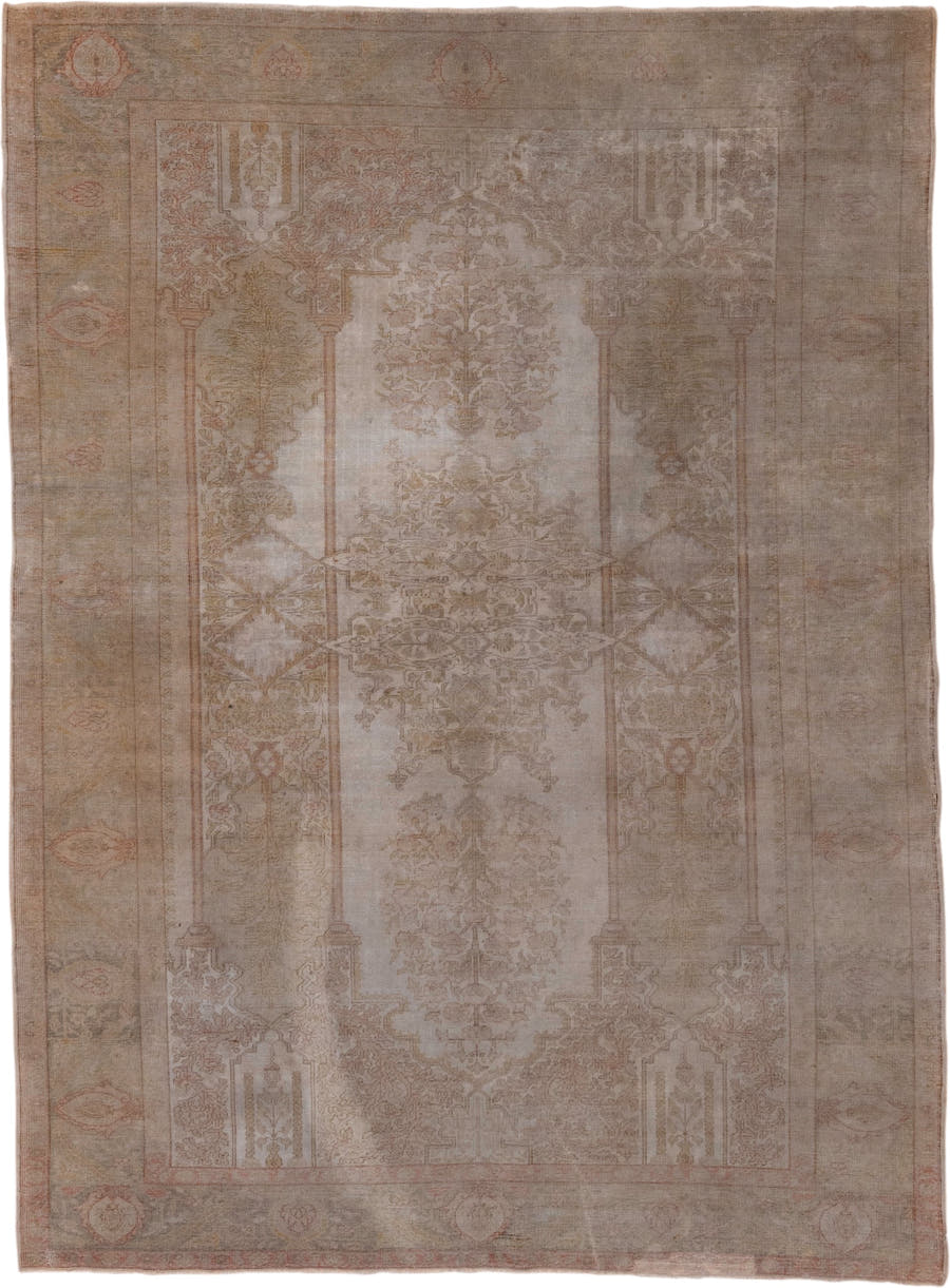 4' x 6' one-of-a-kind handmade antique Kaisary small size rug. Color palette: taupe, beige, camel, rose, ivory, sage, gray