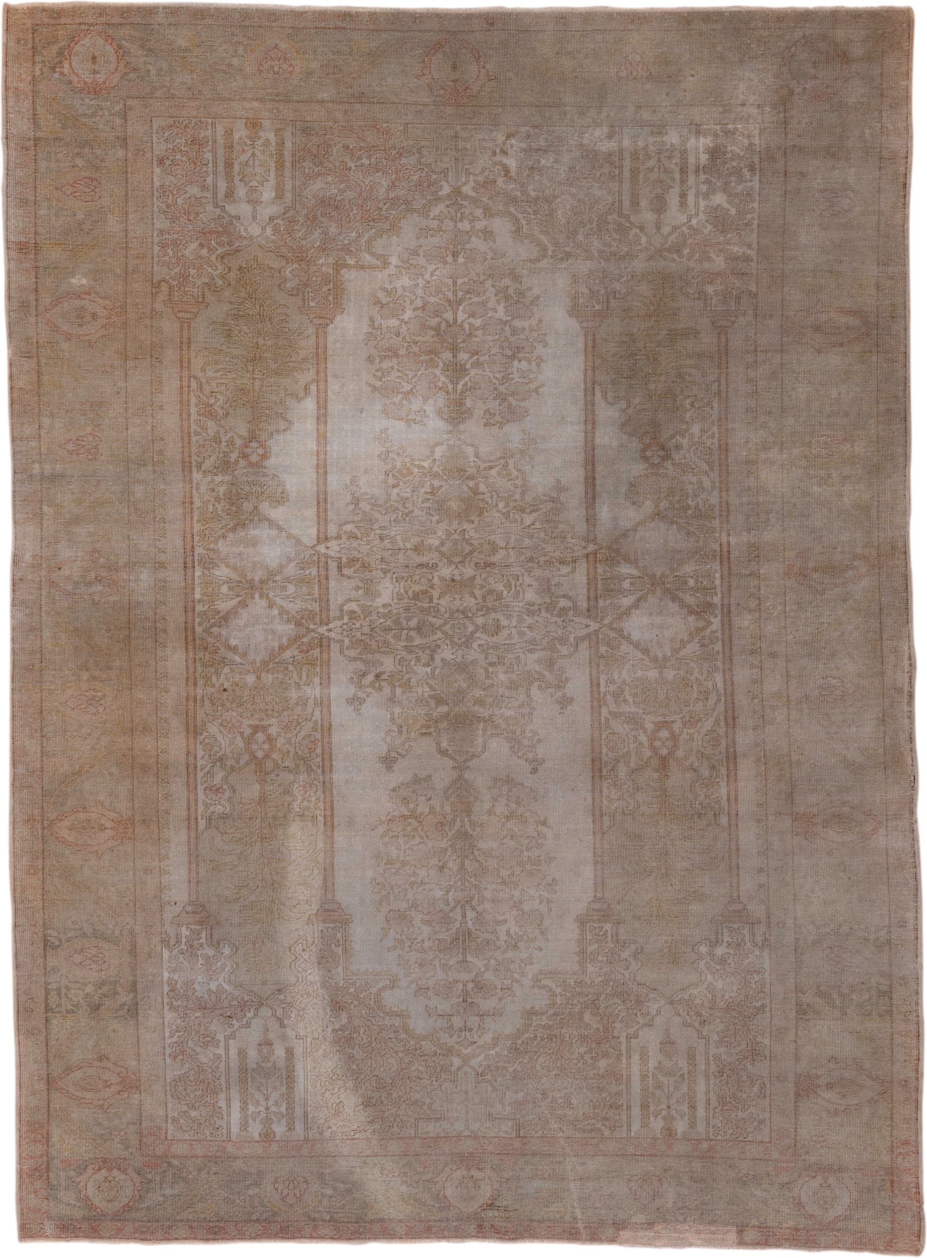 4' x 6' one-of-a-kind handmade antique Kaisary small size rug. Color palette: taupe, beige, camel, rose, ivory, sage, gray