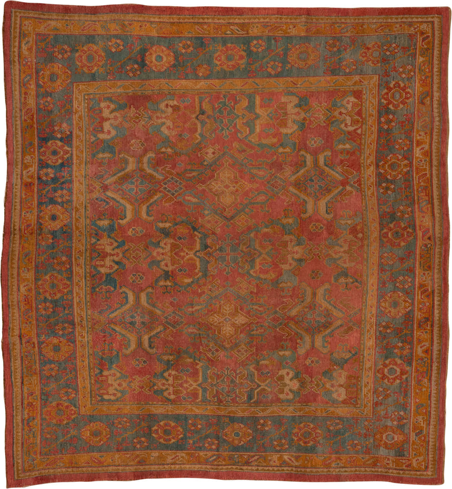 10' x 11' one-of-a-kind handmade antique Oushak large size rug. Color palette: terra cotta, rust, slate, gold, saffron