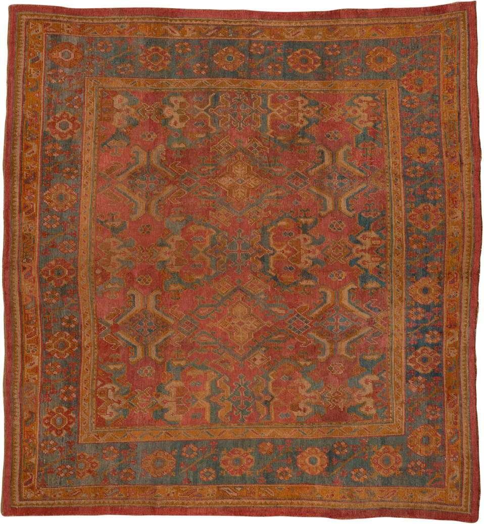 10' x 11' one-of-a-kind handmade antique Oushak large size rug. Color palette: terra cotta, rust, slate, gold, saffron