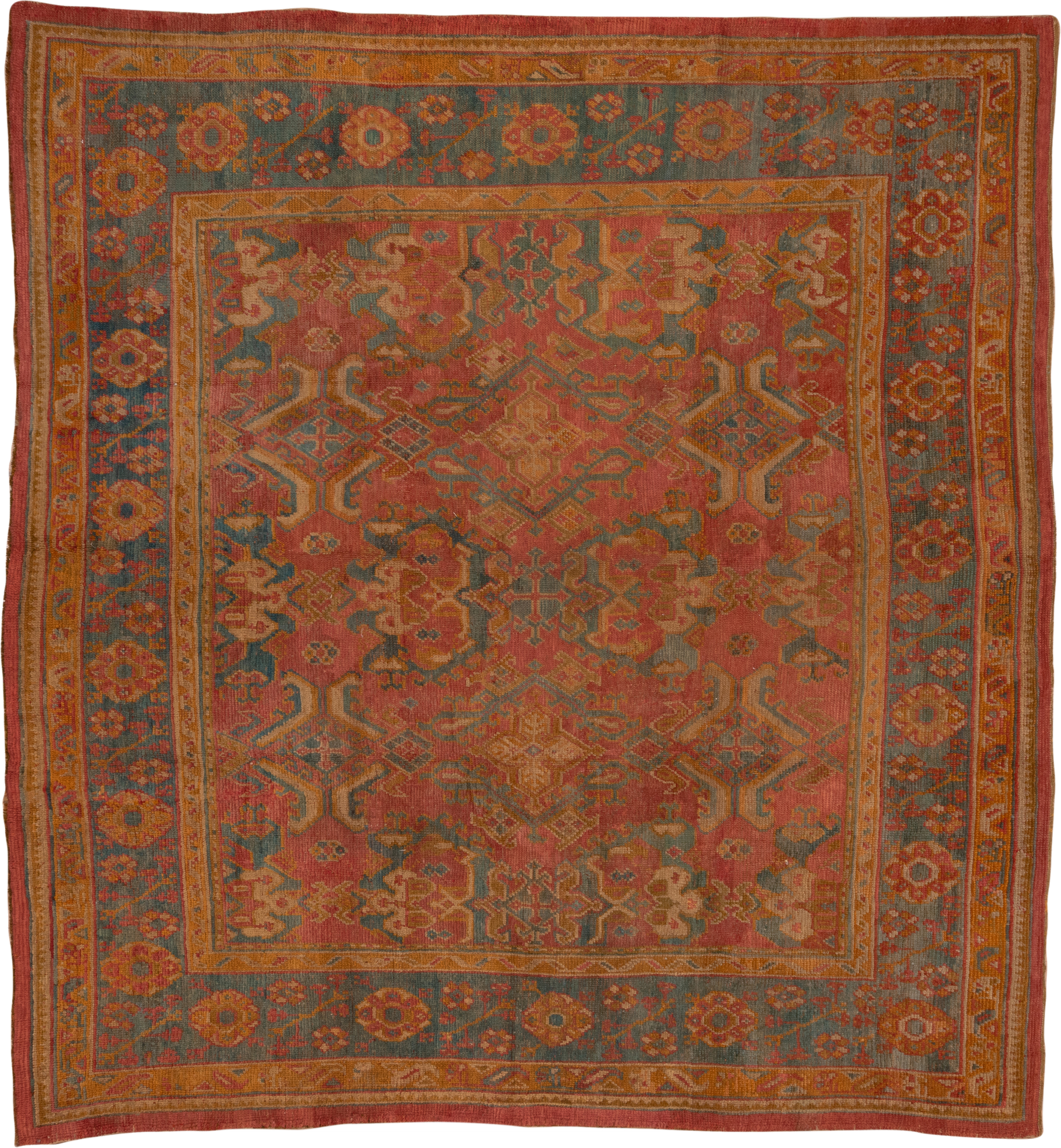 10' x 11' one-of-a-kind handmade antique Oushak large size rug. Color palette: terra cotta, rust, slate, gold, saffron