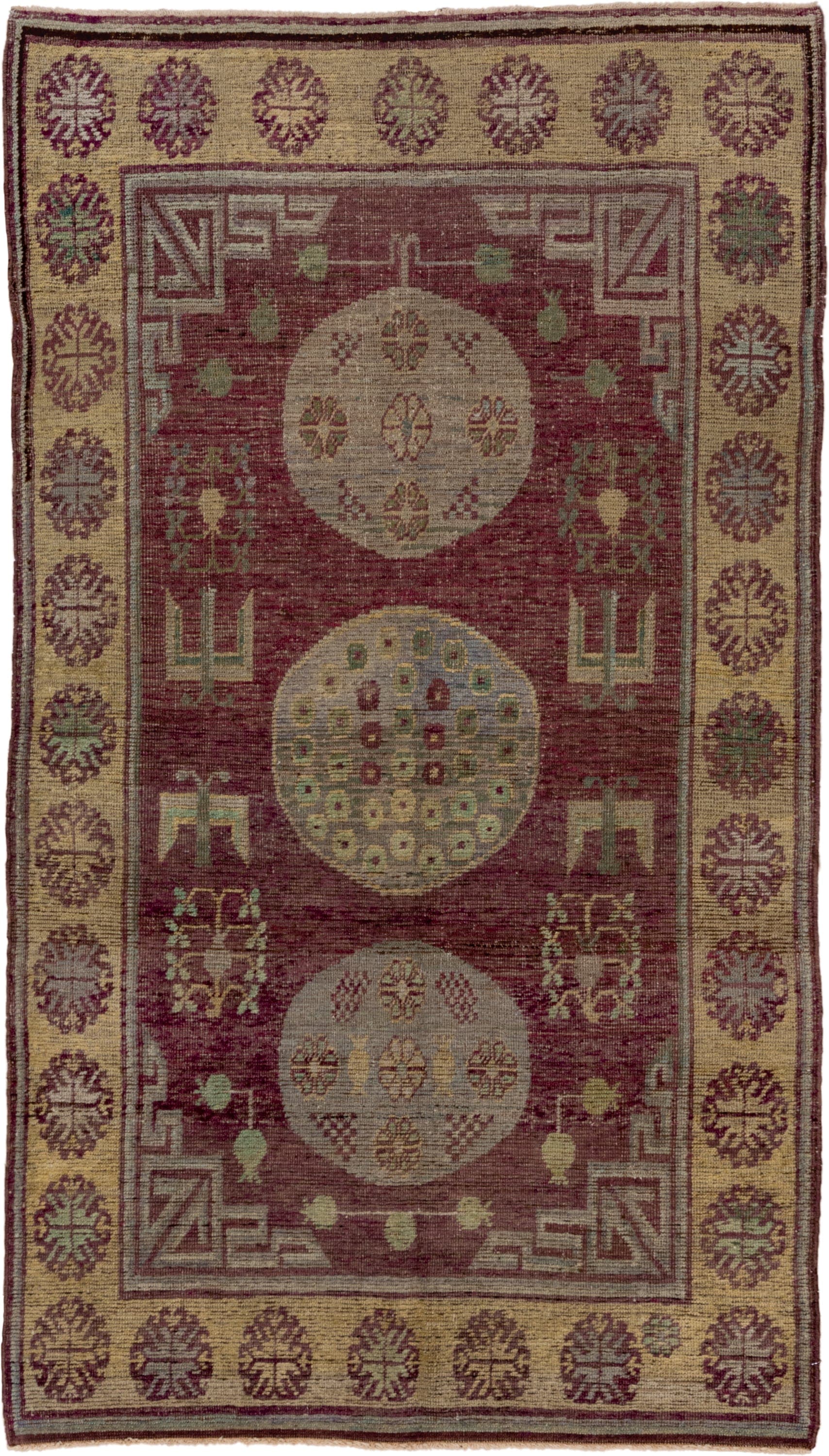 3' x 6' one-of-a-kind handmade antique Khotan small size rug. Color palette: burgundy, gold, ivory, sage, rose, taupe, green