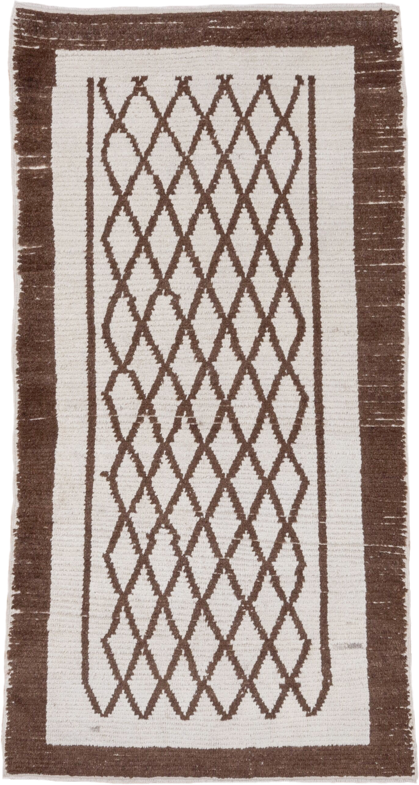 3' x 6' one-of-a-kind handmade vintage Tulu small size rug. Color palette: ivory, brown