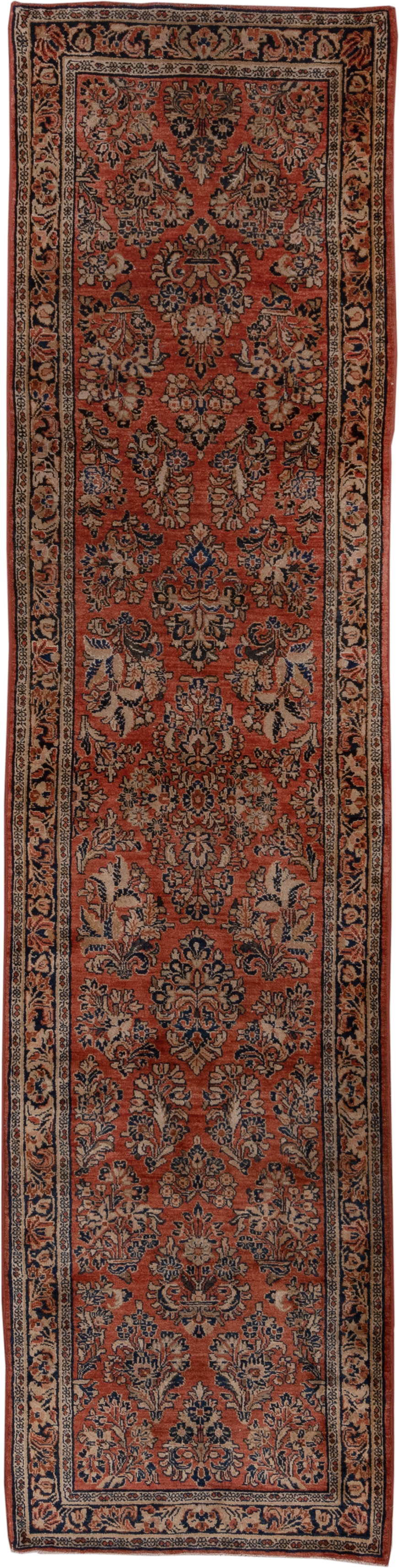 2' x 10' one-of-a-kind handmade antique Sarouk runner rug. Color palette: rust, navy, ivory, blue, camel, brown, terracotta