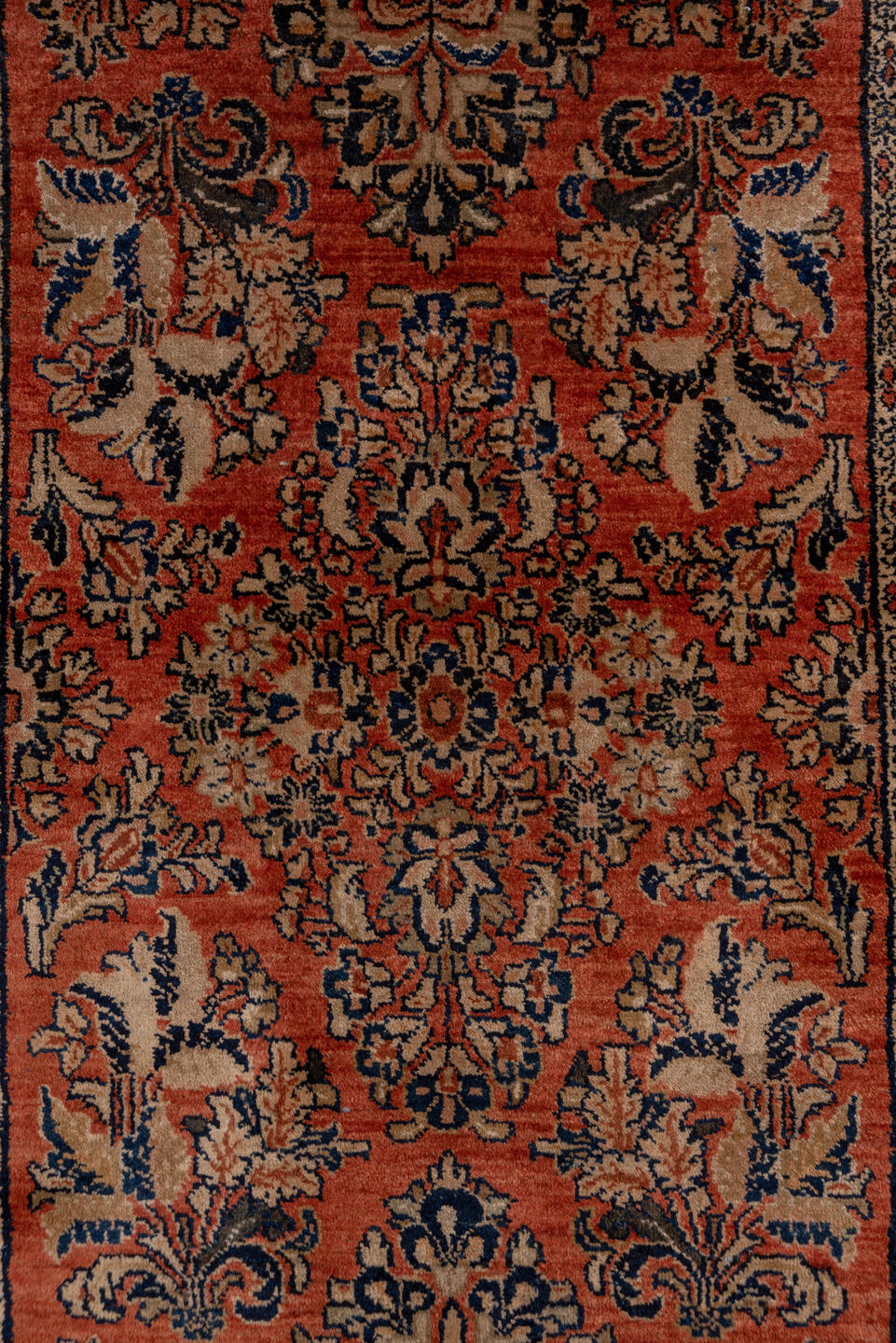 2' x 10' one-of-a-kind handmade antique Sarouk runner rug. Color palette: rust, navy, ivory, blue, camel, brown, terracotta