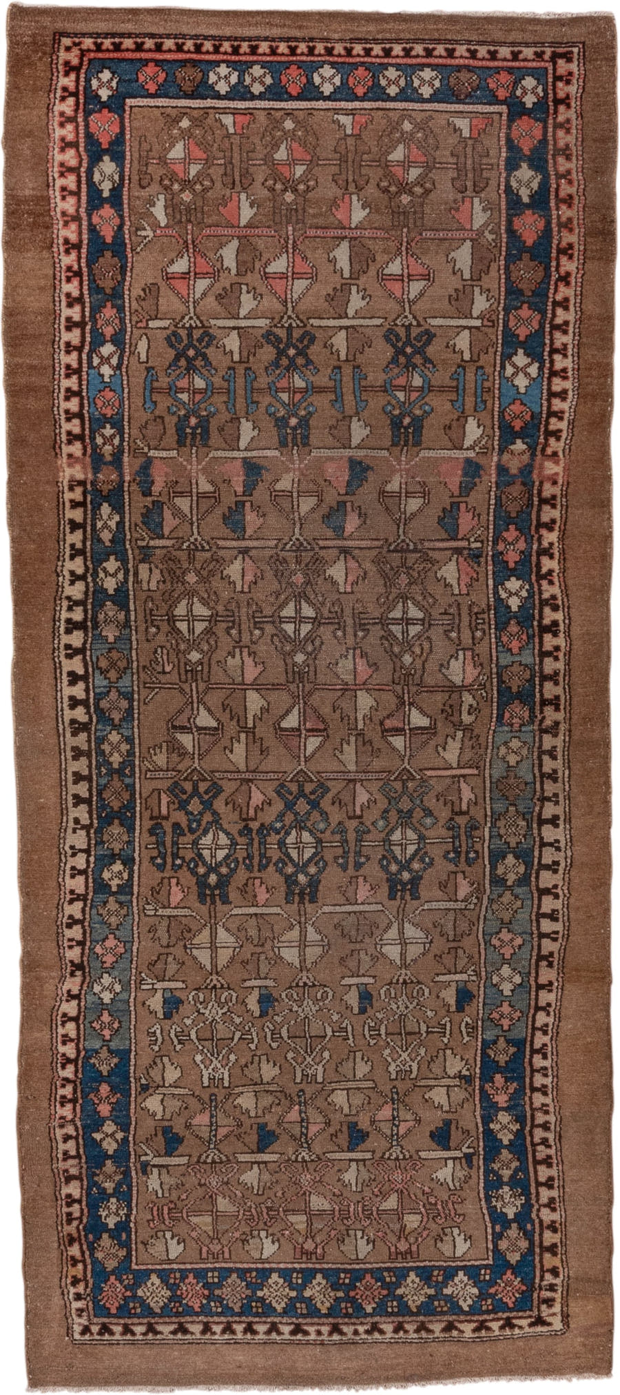 3' x 8' one-of-a-kind handmade antique Cam Hamadan runner rug. Color palette: taupe, brown, indigo, ivory, rose, camel