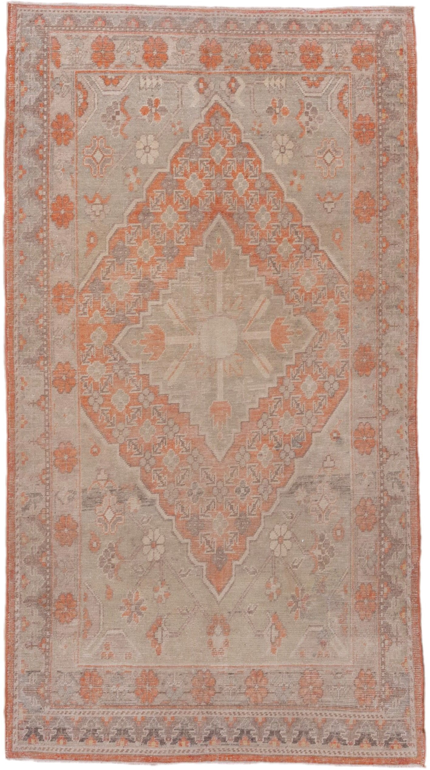 4' x 7' one-of-a-kind handmade antique Khotan rug. Color palette: taupe, coral, ivory, pewter, rose, camel, beige, gray